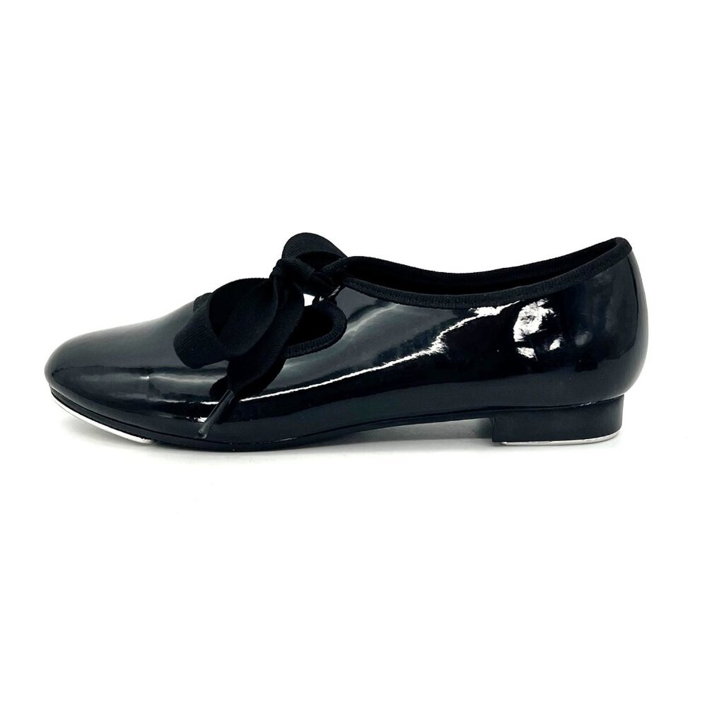Dance Class Trimfoot Tap Shoes Girls Size 2 Black Patent Faux Leather Ribbon Tie - Picture 12 of 15